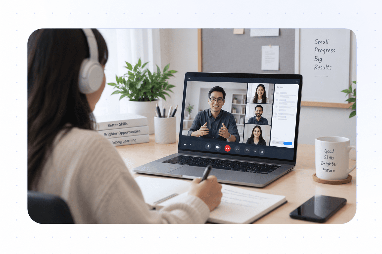 A learner attending a live online session on a laptop video call, taking notes