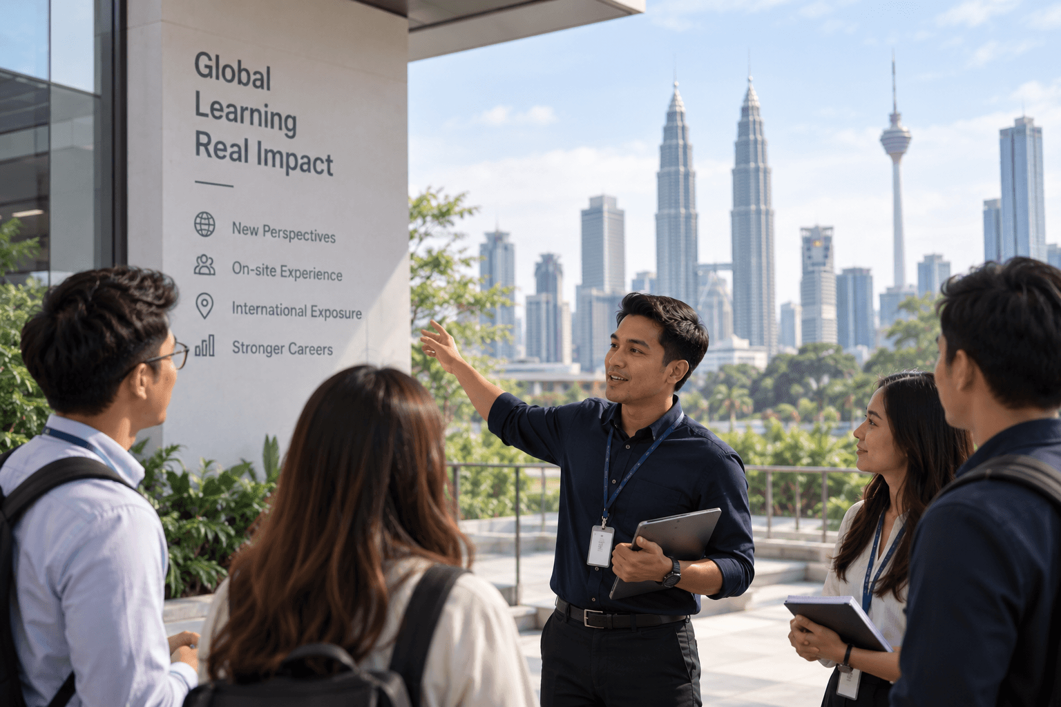 A practitioner briefing a group on-site, with a city skyline in the background