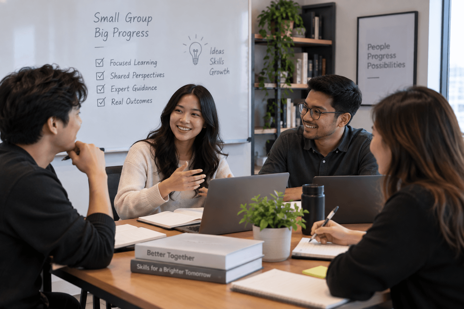 A small private cohort working together around a table, discussing and taking notes